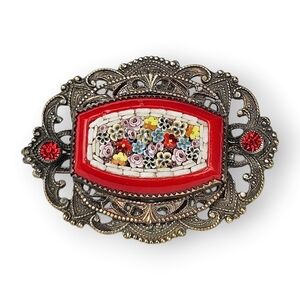 Antique Art Deco Mosaic Flower Brooch Pendant Red Filigree Dark Silver Tone
